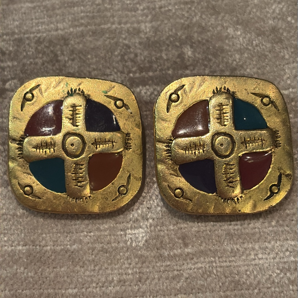Vintage 80’s Catherine Stein Byzantine Revival Cross Gold Clipon Square Earrings